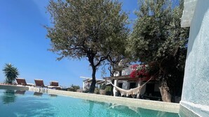 Piscina transparente com espreguiçadeiras e uma árvore, cercada por um edifício branco.