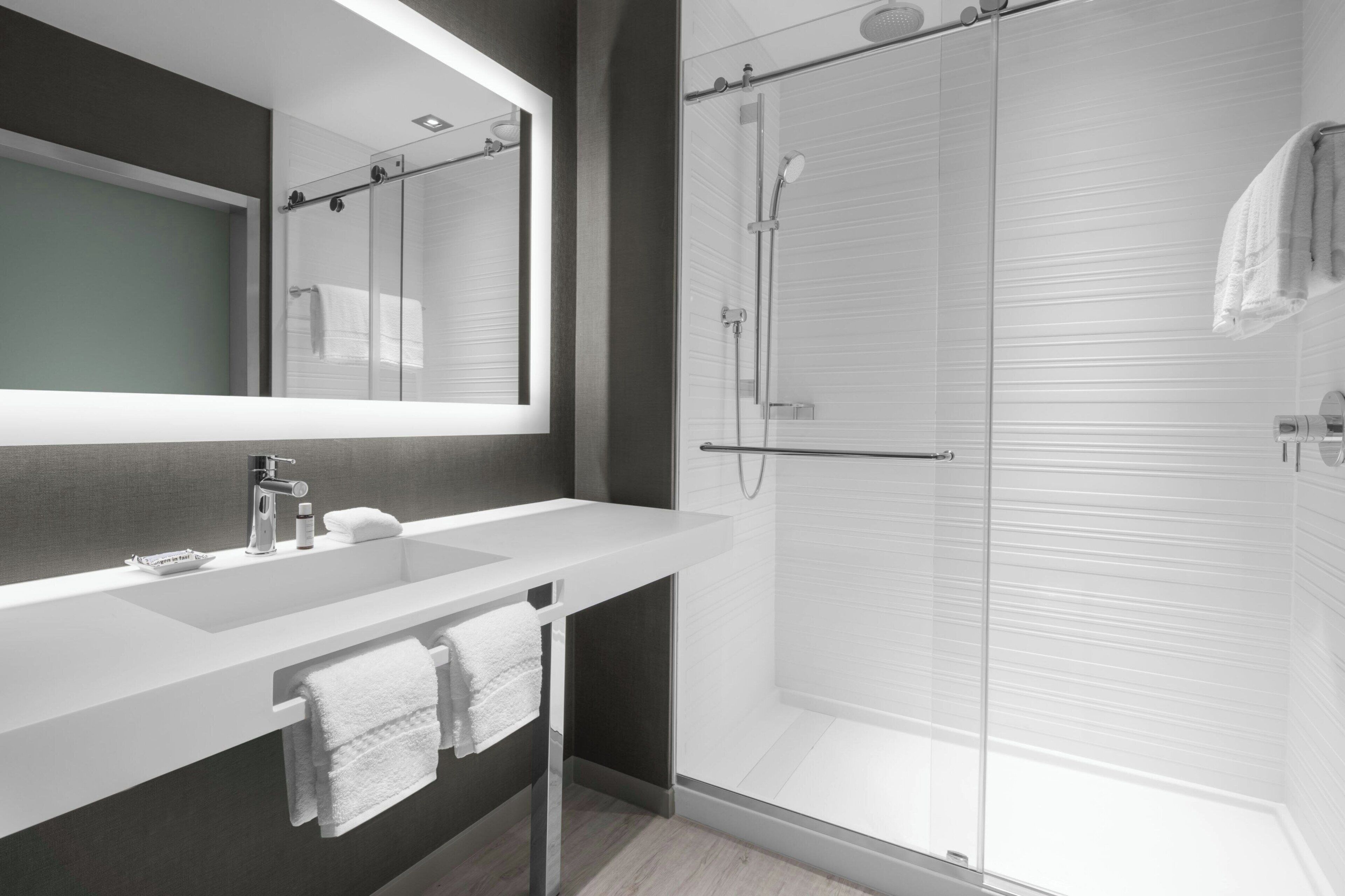 hair dryer, towels, soap, shampoo