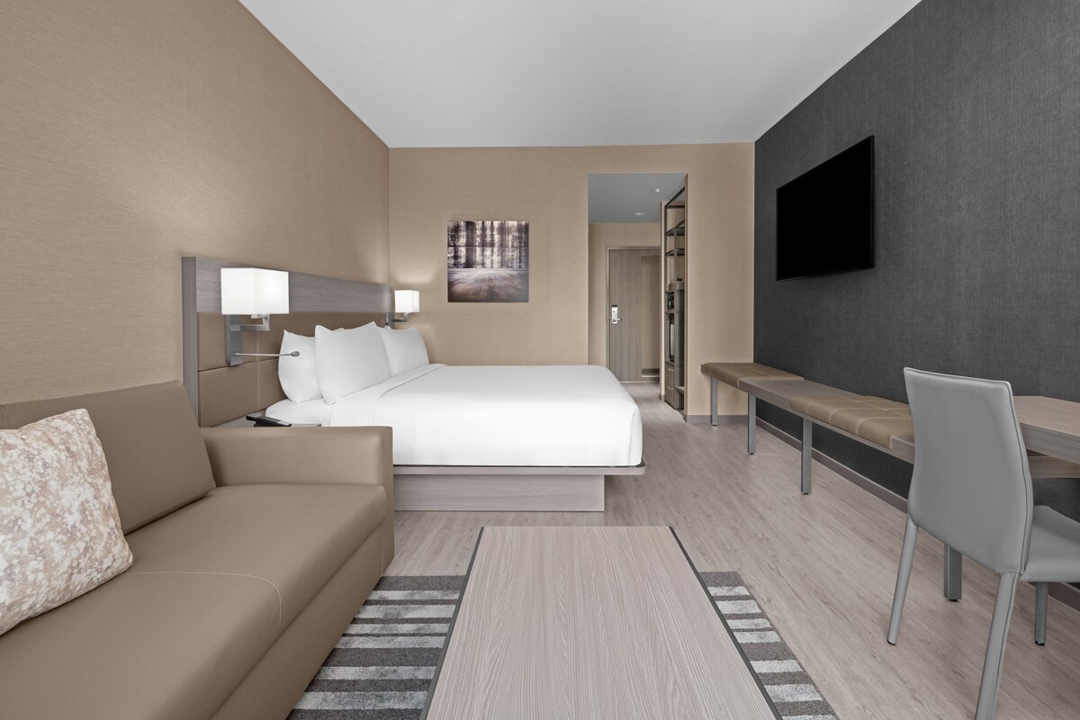 A modern hotel room with a large bed, a sofa, a desk, and a TV.