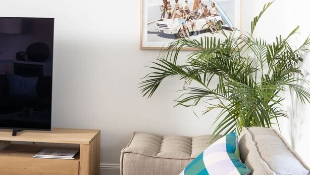 Ett vardagsrum med en tv på ett träställ, en beige soffa med en randig kudde och en inramad tavla med ett strandmotiv på väggen.