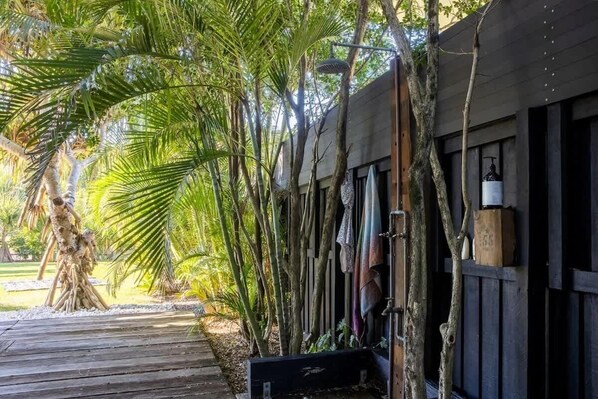 Une terrasse en bois bordée d’une rangée d’arbres et un bâtiment doté de fenêtres et d’une porte.