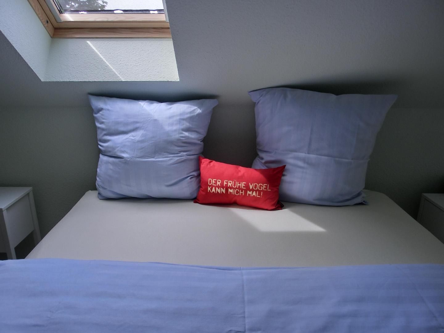 A bed with two pillows, one red and one blue, and a skylight above.