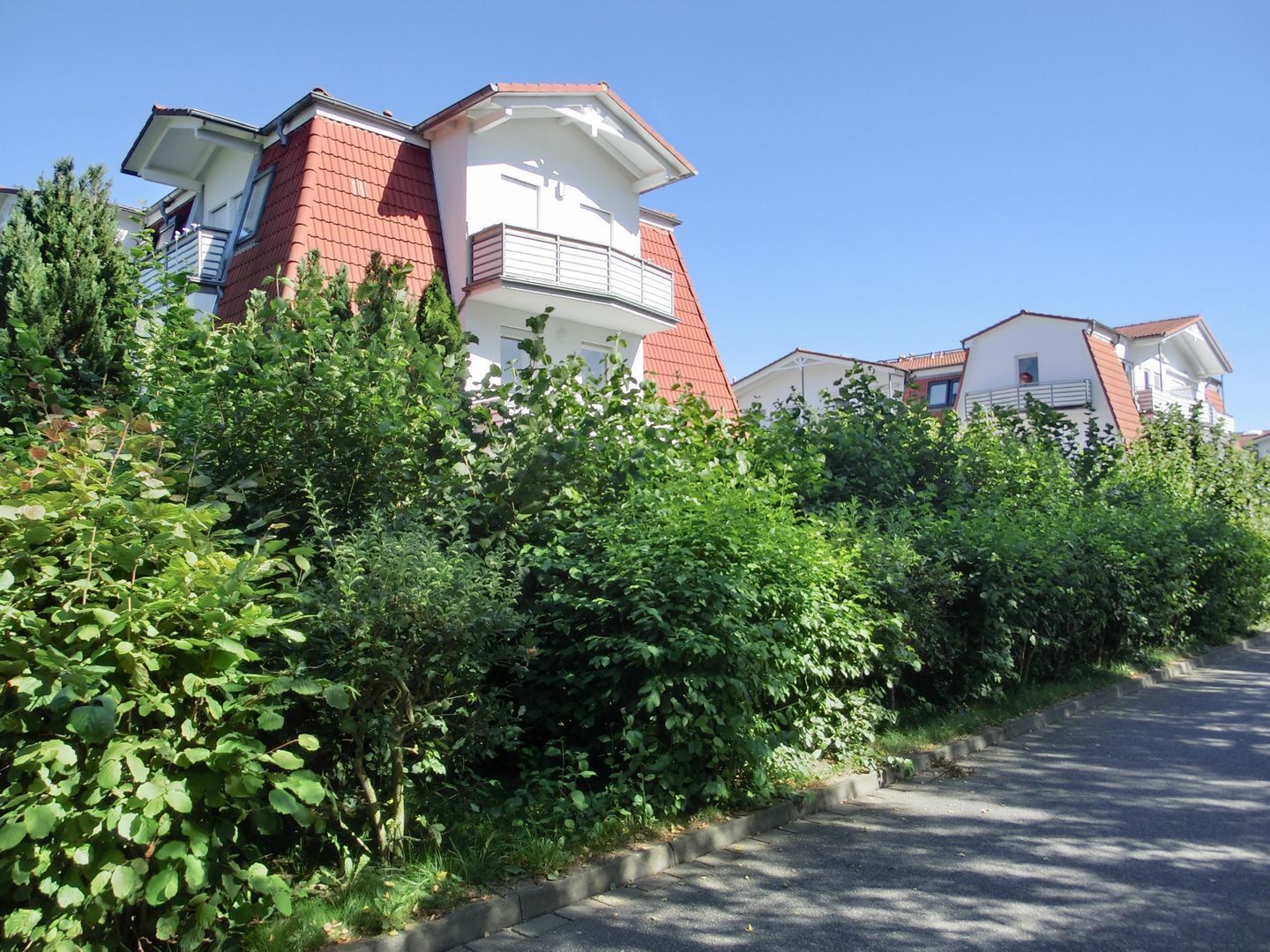A row of modern houses with red roofs and white walls, surrounded by dense greenery.