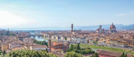 A panoramic view of a historic city with prominent architecture, including a large dome and a tower, along a river with bridges.