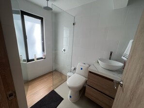 Combined shower/tub, free toiletries, hair dryer, bathrobes