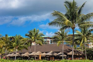 A resort with thatched-roof structures, palm trees, and a building with a green roof.