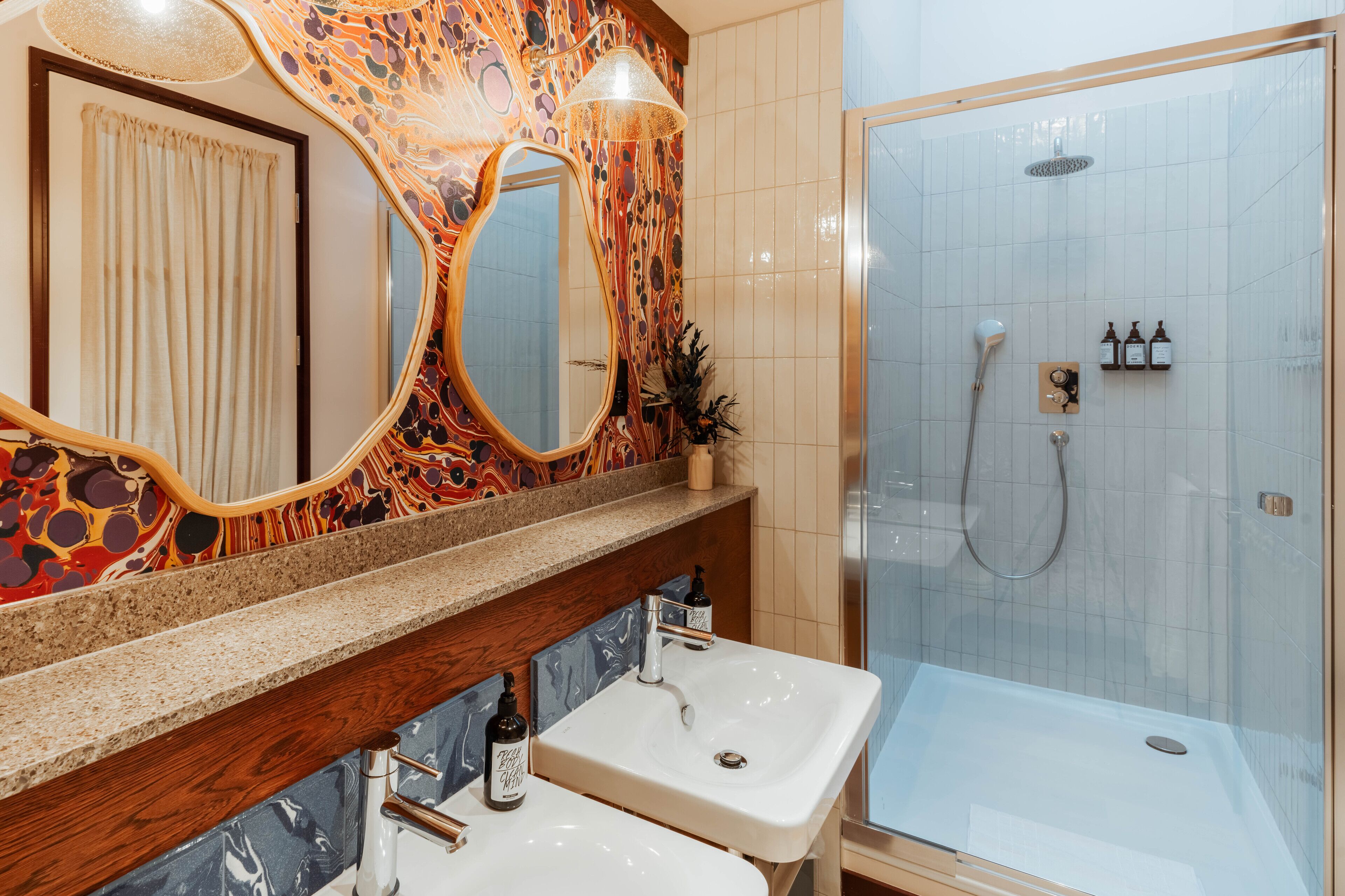 suite | bathroom | shower, rainfall showerhead, designer toiletries, hair dryer