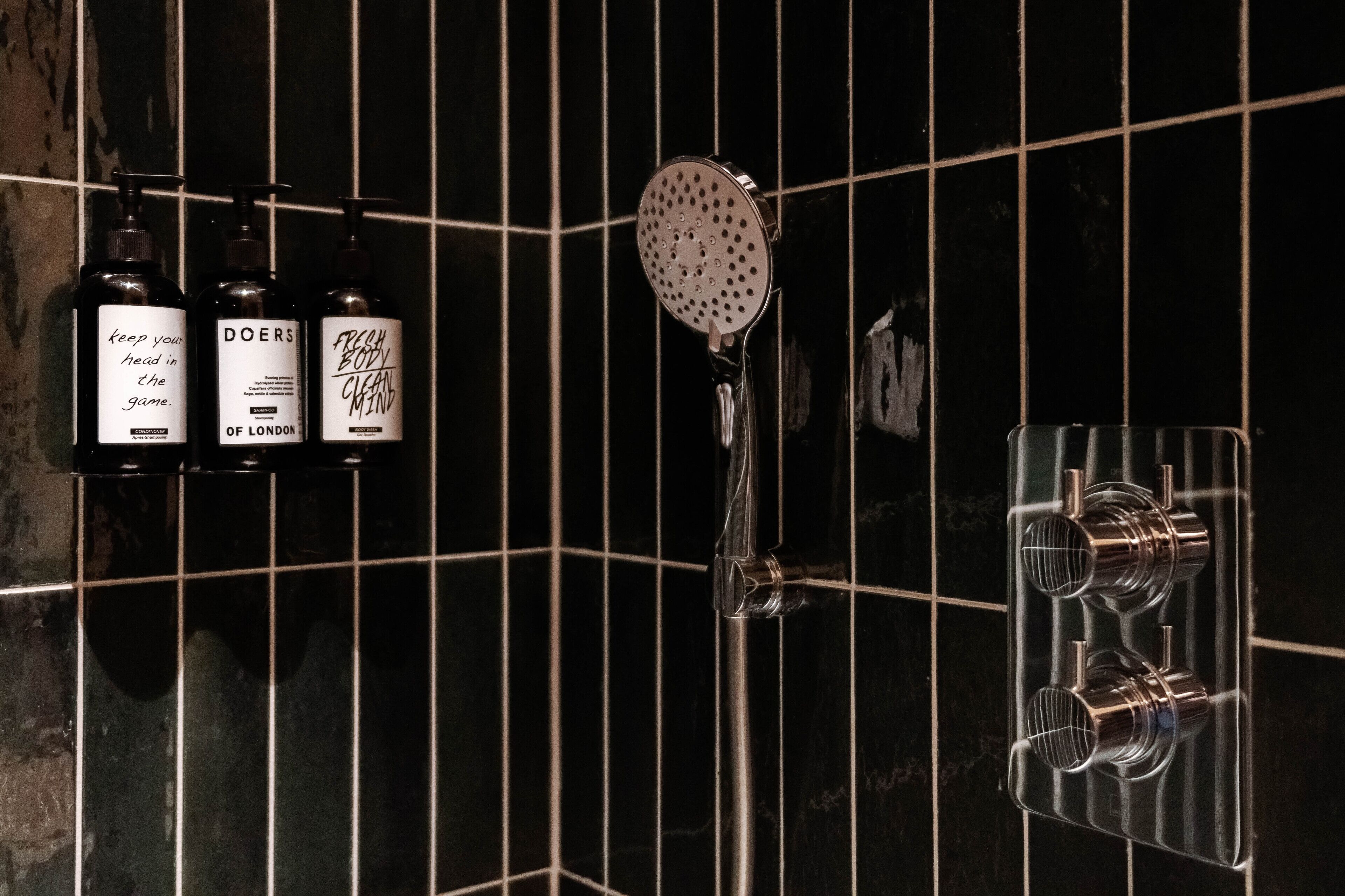 shower, rainfall showerhead, designer toiletries, hair dryer