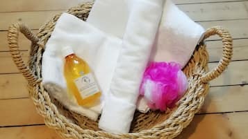 Shower, hair dryer, towels, soap