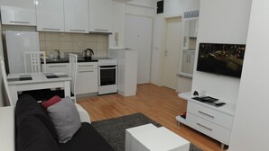Ett kompakt bostadsutrymme med ett litet kök, en matplats och en sittgrupp med en soffa och ett litet bord.
