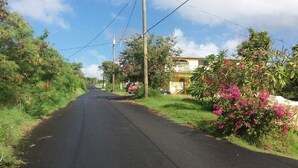A rural road flanked by lush greenery and a house with a balcony.