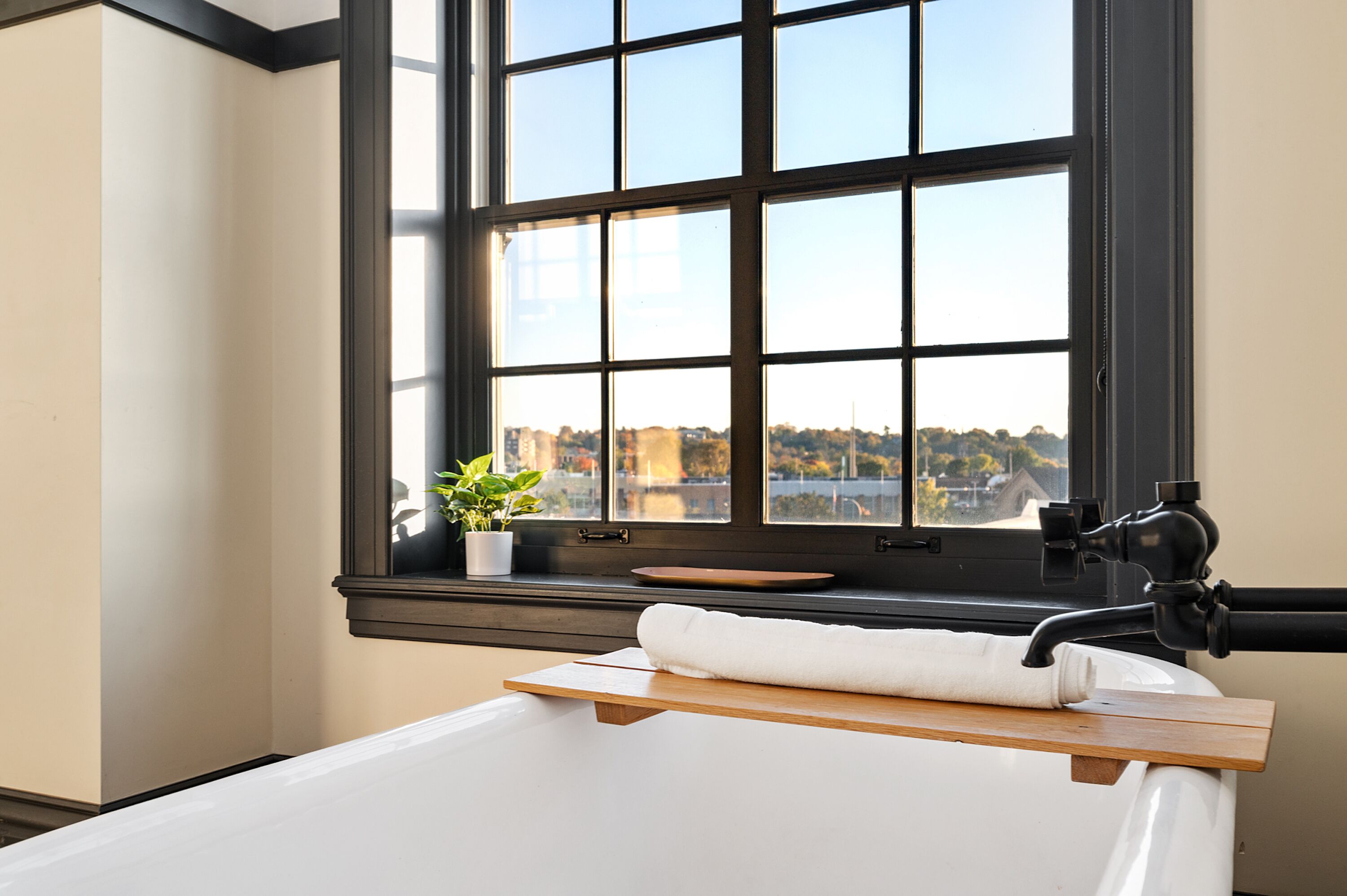 A bathroom with a bathtub, a window with a view, a towel, and a potted plant.