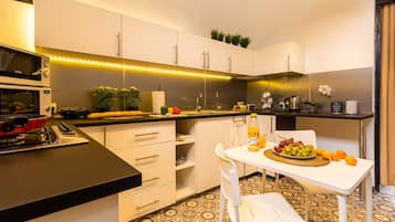 Full-size fridge, microwave, toaster, waffle maker