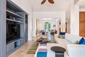 Smart TV, fireplace, books, stereo