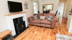 A living room with a brown leather sofa, a flat-screen TV mounted above a fireplace, and a wooden floor. - Number 43 Burnside Lodge (Morpeth)