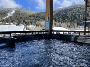 A hot tub with a view of a snowy mountain and a sign that reads "Life is too short to drink head beer." - The Crowe's Nest @ Peaks West (Sun Peaks)