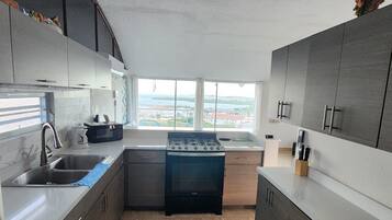 Fridge, microwave, oven, stovetop