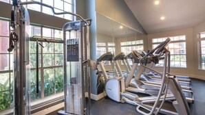 Un gimnasio con equipo de ejercicio, ventanas amplias y vistas a la vegetación.
