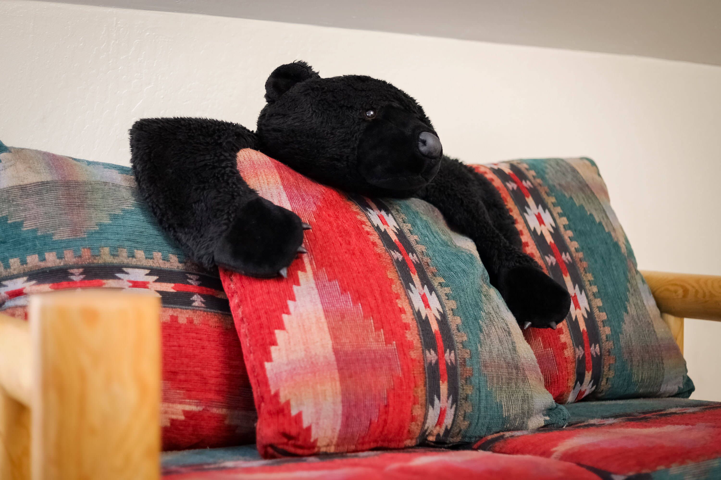 Un oso de peluche negro descansando sobre un sofá con cojines de colores y estampados.