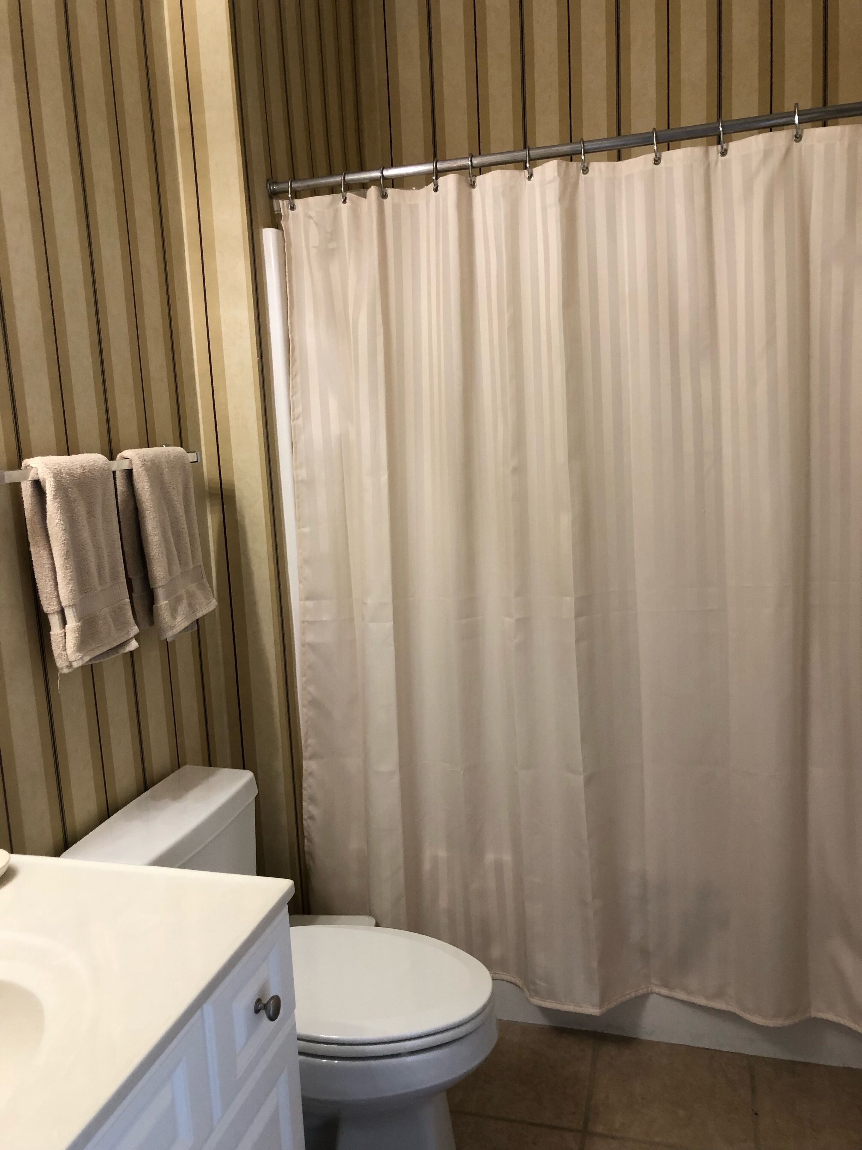 A bathroom with a toilet, a sink, and a shower curtain.