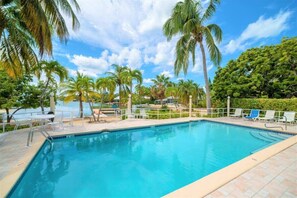 A rectangular swimming pool with a tiled edge, surrounded by palm trees and a clear sky.