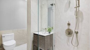 A modern bathroom with a glass-enclosed shower, a white toilet, and a vanity with a mirror and sink.