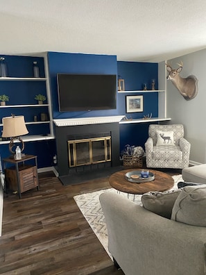 Smart TV, fireplace, stereo