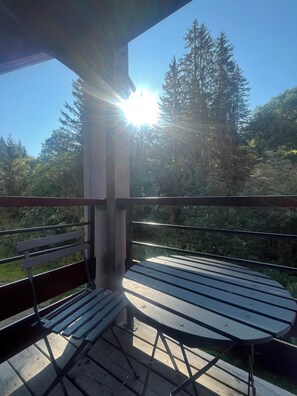 Une terrasse en bois avec une table et des bancs, donnant sur une zone boisée.