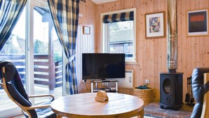 Un salon chaleureux avec un téléviseur, un poêle à bois et un coin salon confortable.