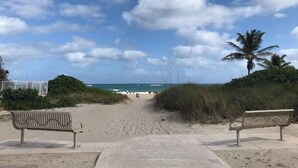 Uma trilha à beira-mar com dois bancos, que leva ao oceano.