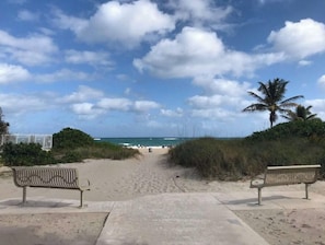 Un sentier bordé de deux bancs qui longe la plage et mène à l’océan.