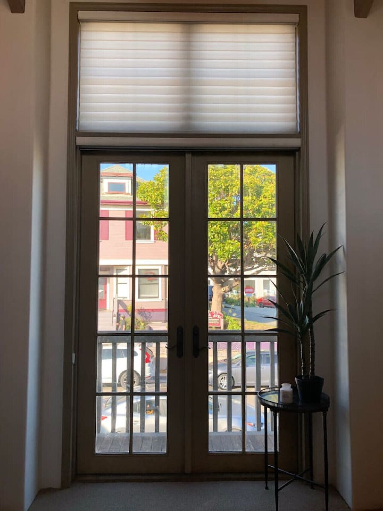 A double door with a grid pattern, a potted plant, and a small table.