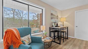 Smart TV, fireplace, books
