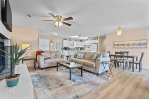 Smart TV, fireplace, books