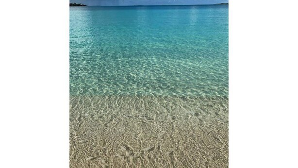 A clear view of a beach with shallow turquoise water and a sandy shore.