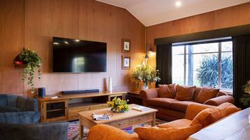 Een smart-tv, een open haard, een dvd-speler en een tafeltennistafel