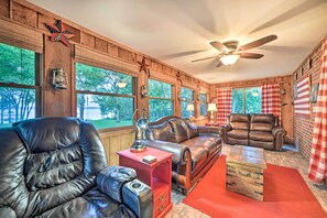 TV, fireplace - Charming Lakefront Home w/ Grill & Fire Pit! (New Concord)