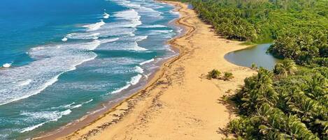 On the beach, sun-loungers, beach towels