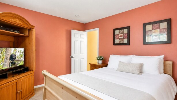 Una camera da letto con un letto, una televisione su un mobile in legno e due quadri appesi al muro.