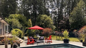 Un patio trasero con piscina, muebles de jardín rojos y varias plantas en macetas.
