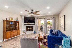 TV, fireplace, music library, video library