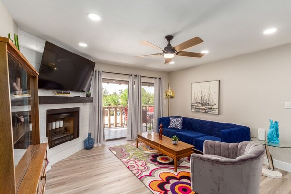 TV, fireplace, music library, video library