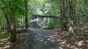 Een chalet met een veranda, omringd door bomen.