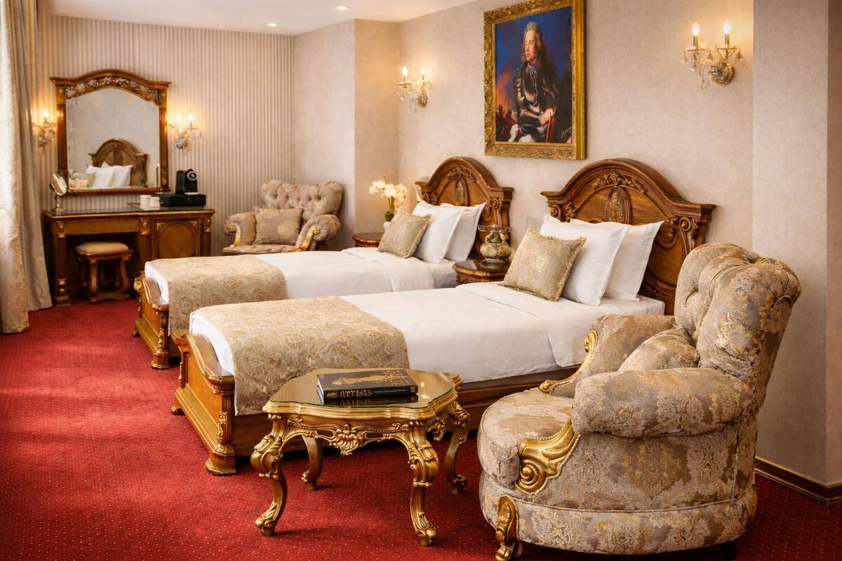 A hotel room with two beds, a vanity, a chair, and a table.