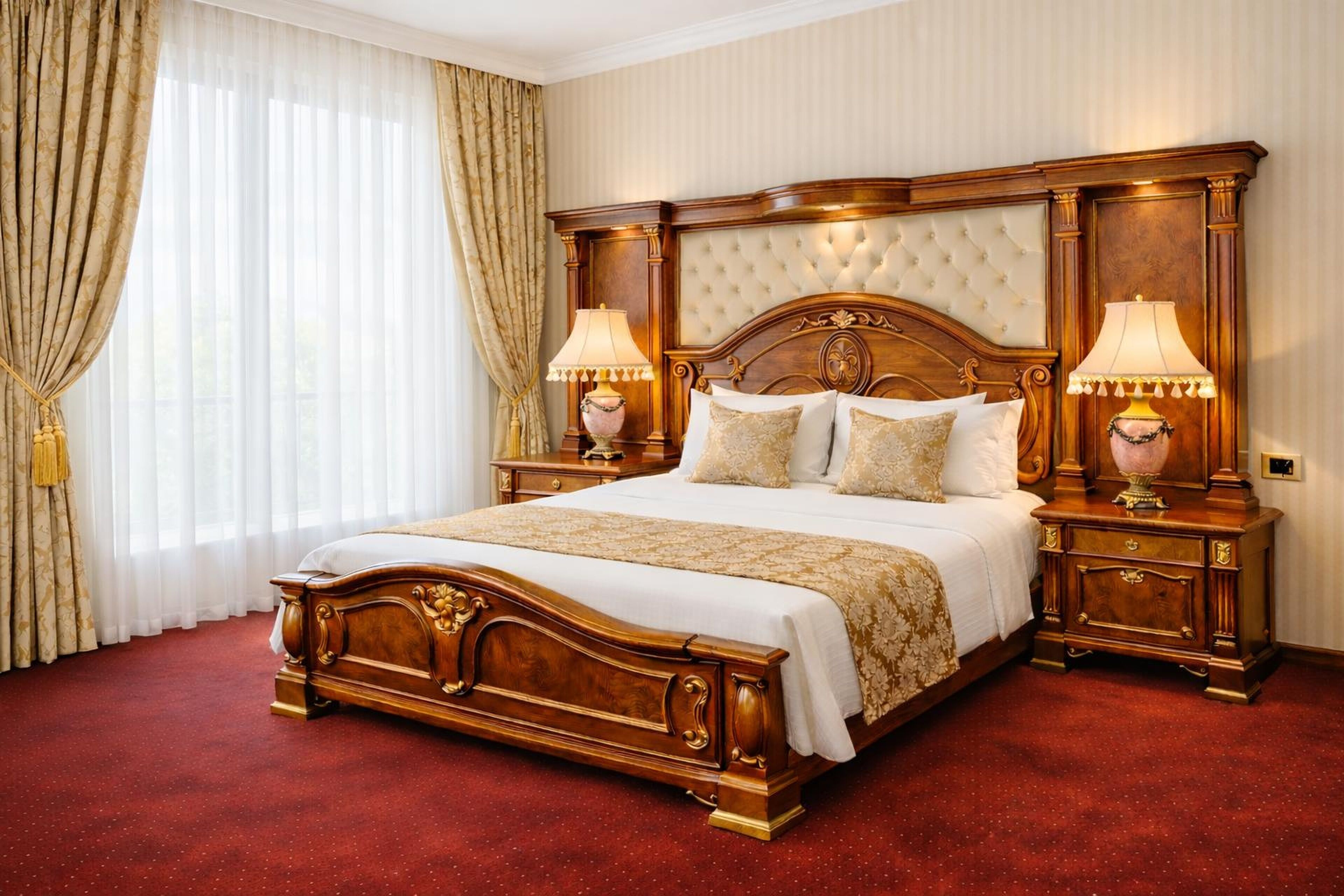 A large bed with a wooden headboard, two bedside tables with lamps, and a red carpeted floor.
