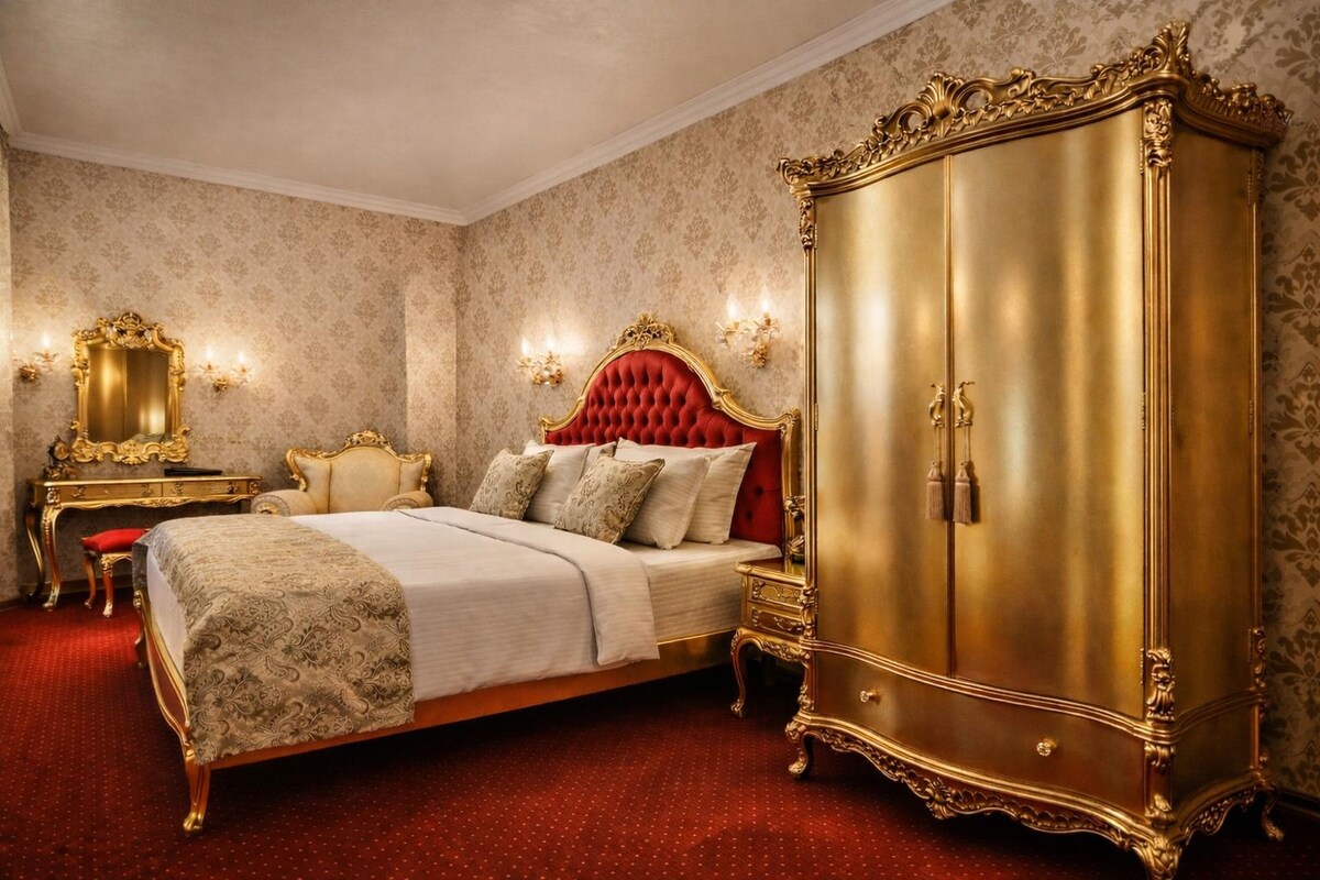 A room with a large bed, a gold wardrobe, a mirror, and a desk.
