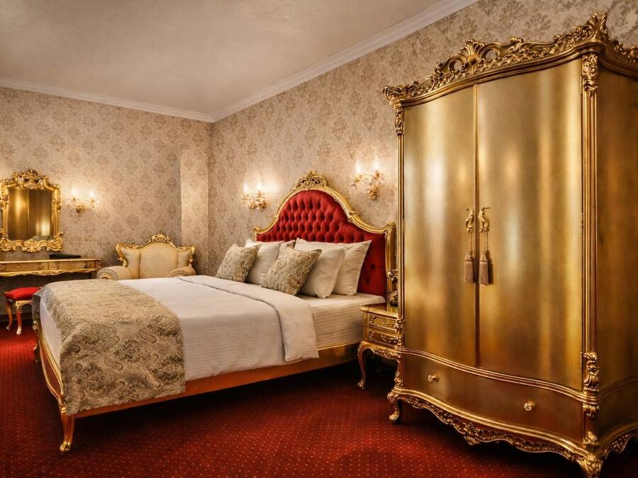 Ein Zimmer mit einem großen Bett, einem goldenen Kleiderschrank, einem Spiegel und einem Schreibtisch.