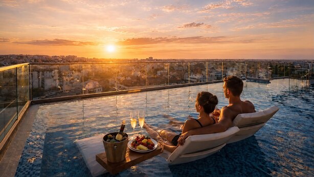 A couple relaxing in a rooftop infinity pool with a sunset view, a bucket of fruit, and champagne glasses. - Prezident Palace Belgrade - Rooftop Pool & Spa Hotel (Belgrade)