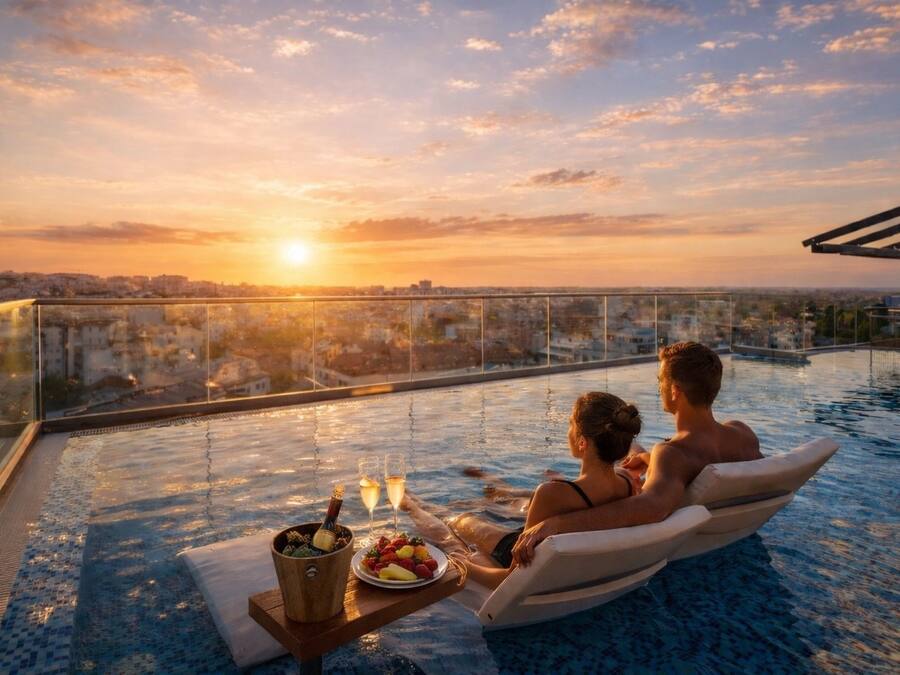 Indoor pool, seasonal outdoor pool, sun loungers