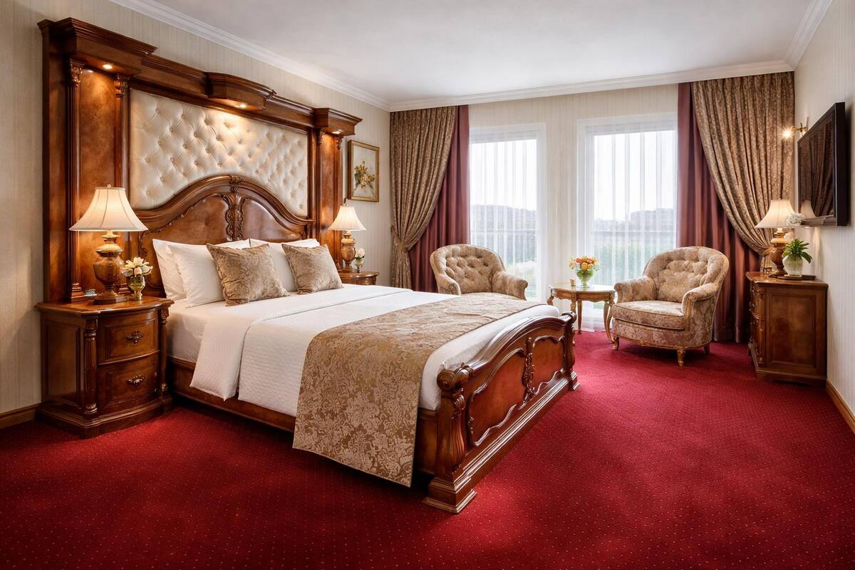 A large bed with a wooden headboard, two bedside tables with lamps, a red carpeted floor, and a city view through large windows.